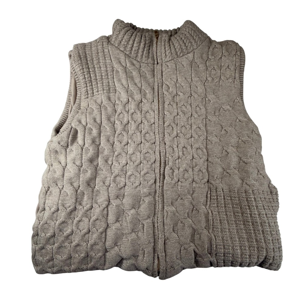 Joie Cable Knit Puffer Vest Womens L Beige Patchwork Zip Up Neutral Preppy Boho‎